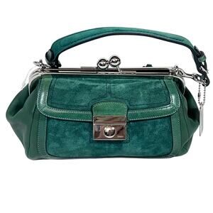 Vintage Coach Satchel Bag Kiss Lock Closure Hunter Green Suede Leather 9734 New